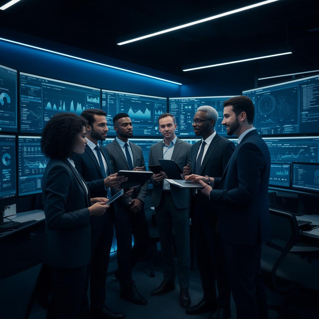 Business team collaborating on data analytics in a modern office